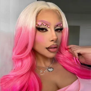 613 Blonde Pink Wig Hair Lace Front Wigs Long Straight Soft Natural Hair Blonde Ombre Hot Pink Color Glueless Heat resistant Synthetic Lace Front Wigs for Fashion Women 24 Inch