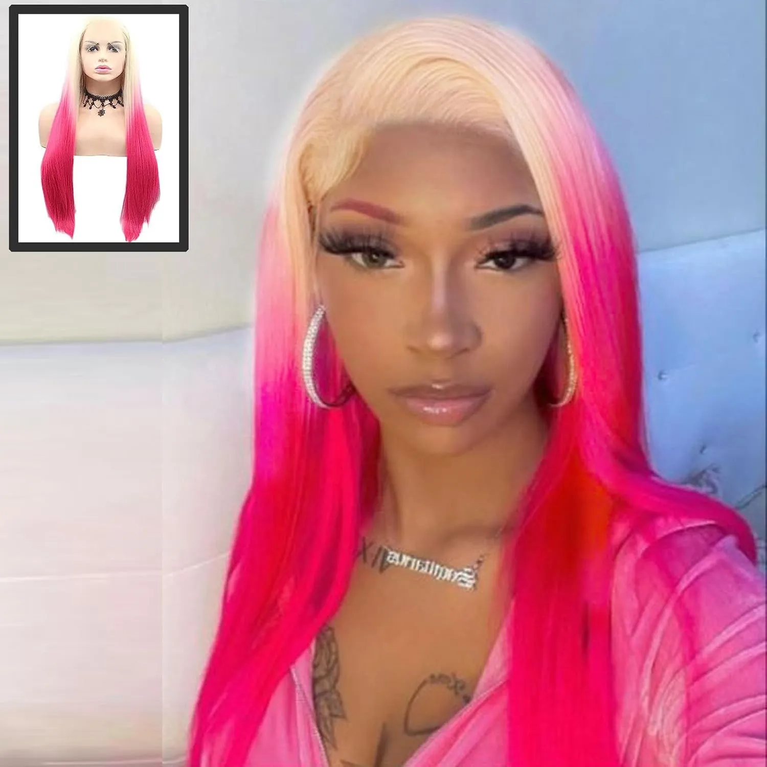 613 Blonde Pink Wig Hair Lace Front Wigs Long Straight Soft Natural Hair Blonde Ombre Hot Pink Color Glueless Heat resistant Synthetic Lace Front Wigs for Fashion Women 24 Inch