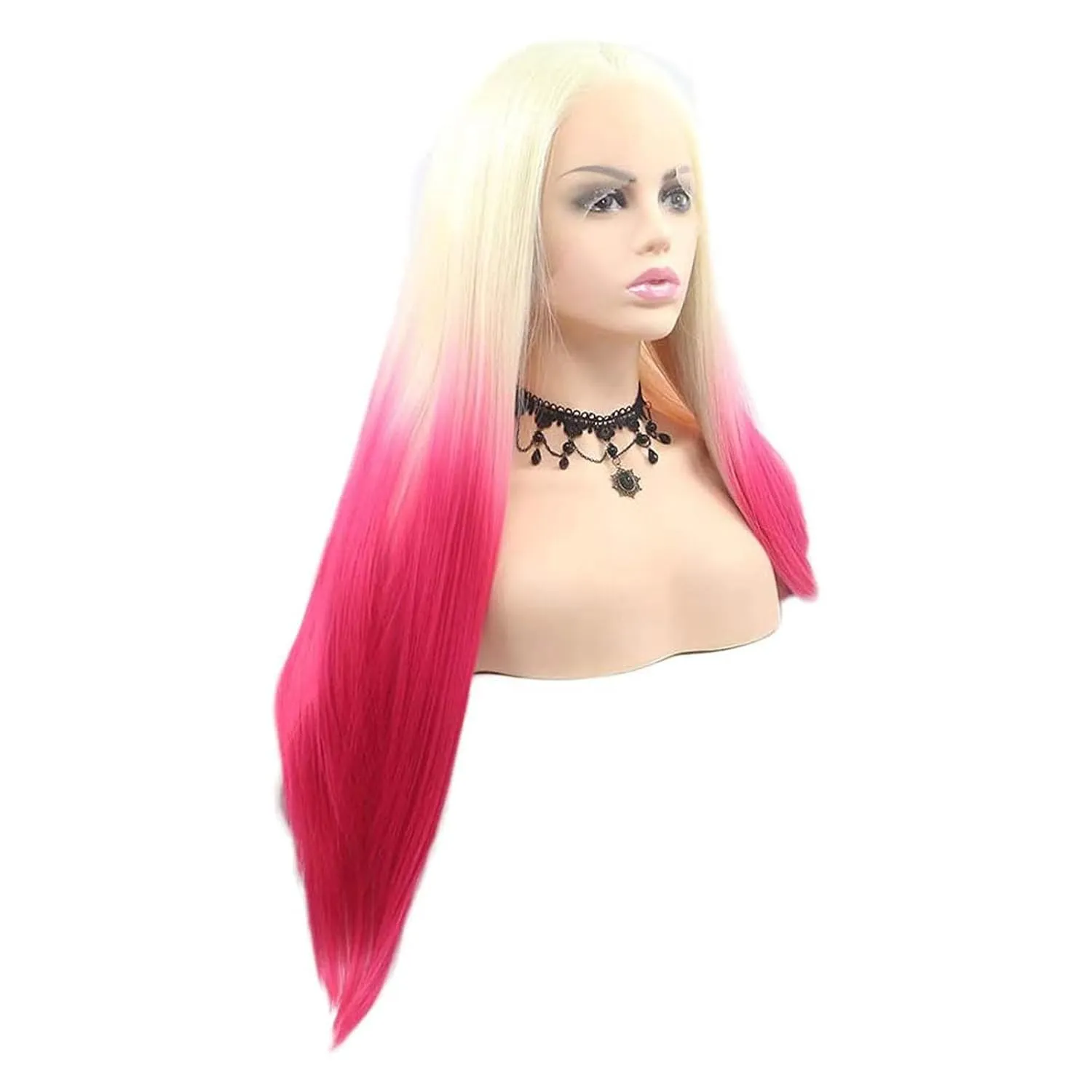 613 Blonde Pink Wig Hair Lace Front Wigs Long Straight Soft Natural Hair Blonde Ombre Hot Pink Color Glueless Heat resistant Synthetic Lace Front Wigs for Fashion Women 24 Inch