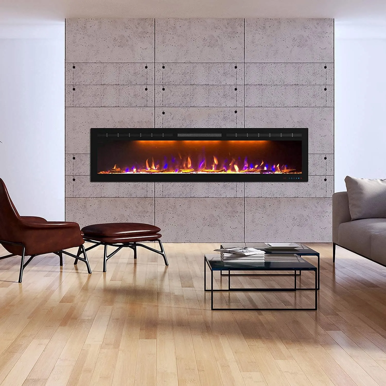72 inch Electric Fireplace - Ultra Slim Frame - in Wall Recessed & Wall Mounted - Multicolor Flame - Log & Crystal Hearth - 1500/750 Watt Heater - Remote Control & Touch Screen- Timer