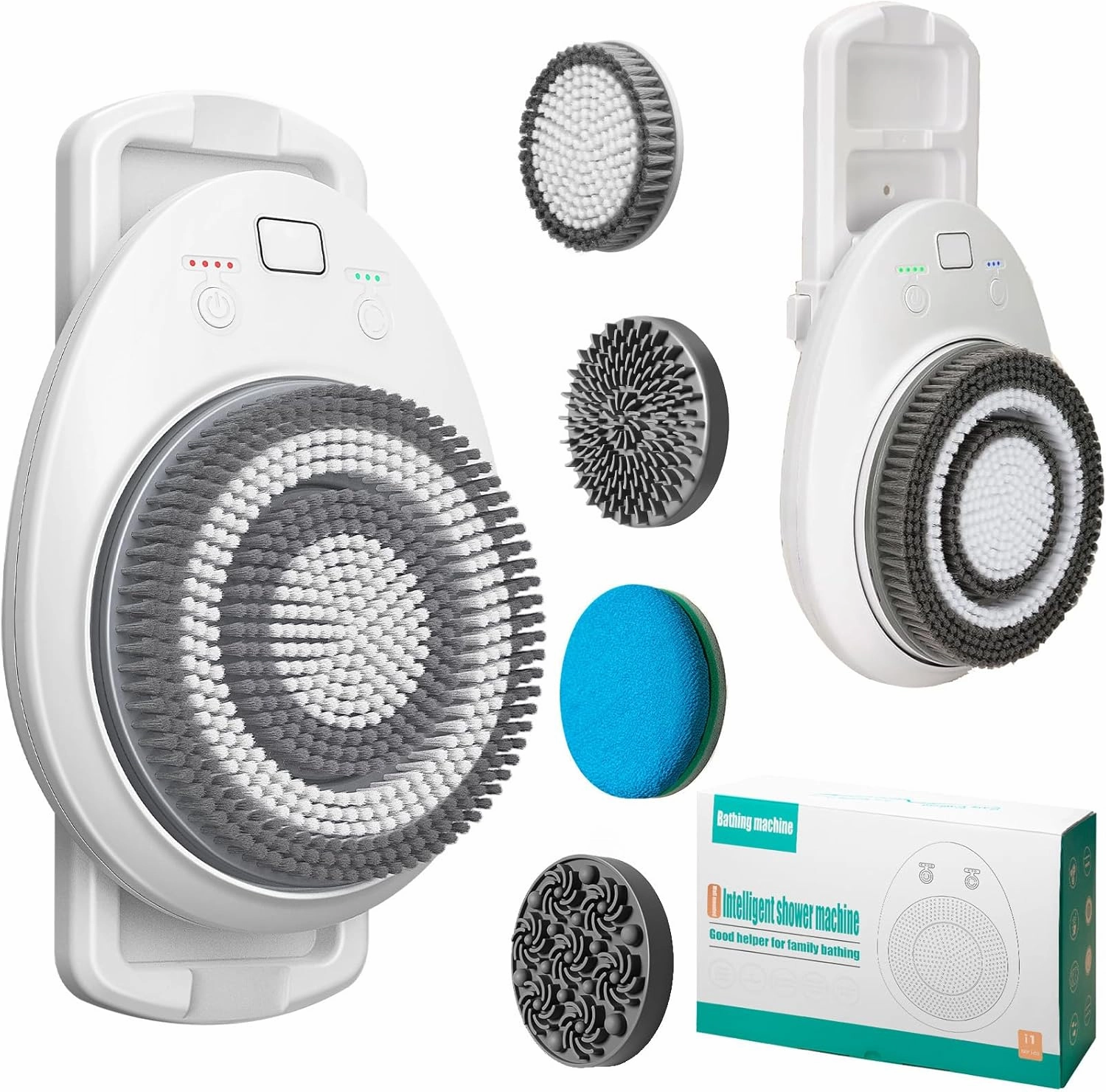 7'' Large Shower Back Scrubber Wall Mounted, 3 Speed Adjustment Electric Body Scrubber for Shower with 4 Replaceable Heads, 360 Degree Automatic Rota Tion Electric Shower Brush