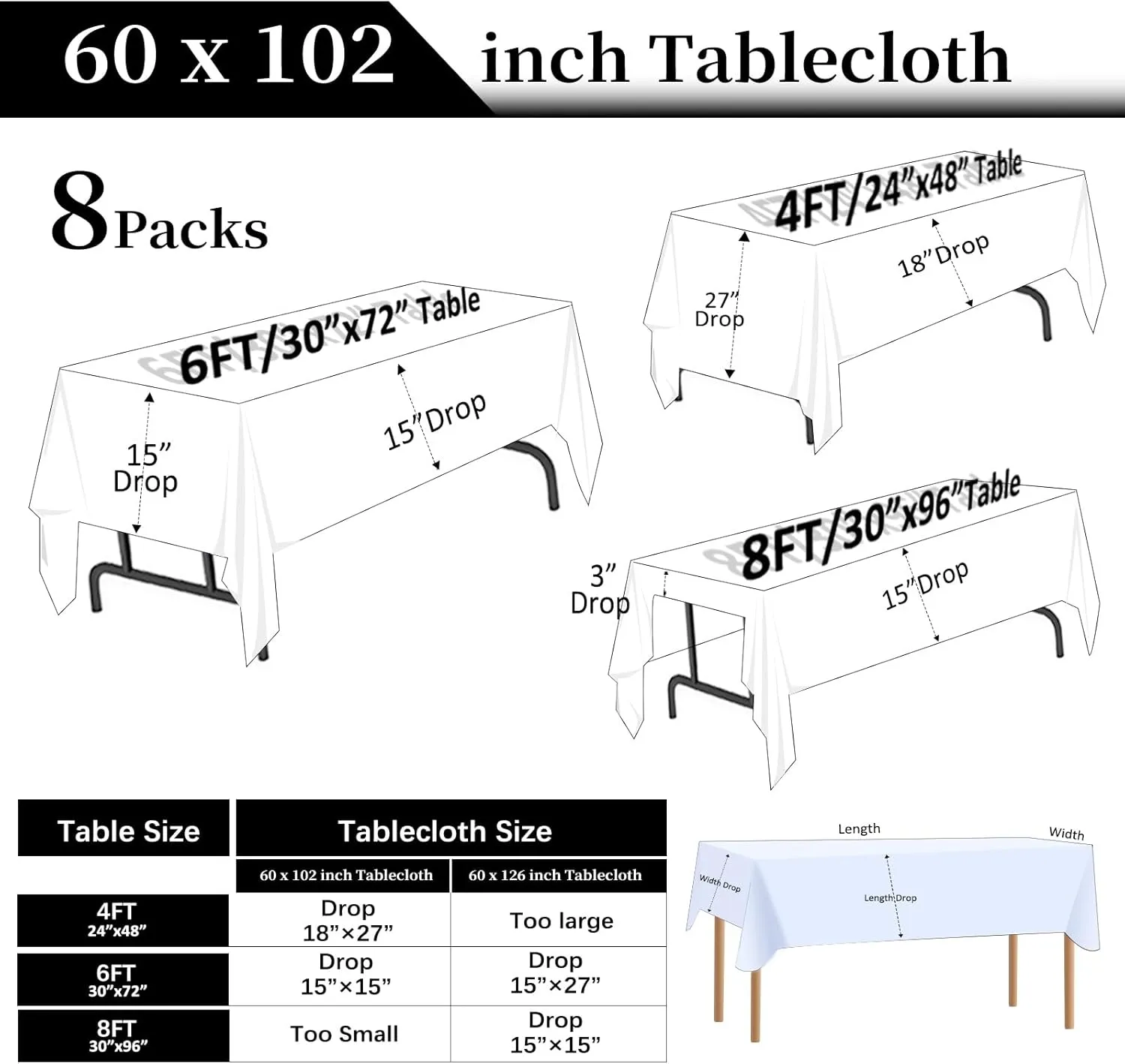 8 Packs Black Tablecloths 60x102 Inch Rectangular Table Cloths for 6 Foot Rectangle Tables, Wrinkle Resistant Washable Polyester Fabric Tablecloth for Dining Wedding Buffet Party Banquet