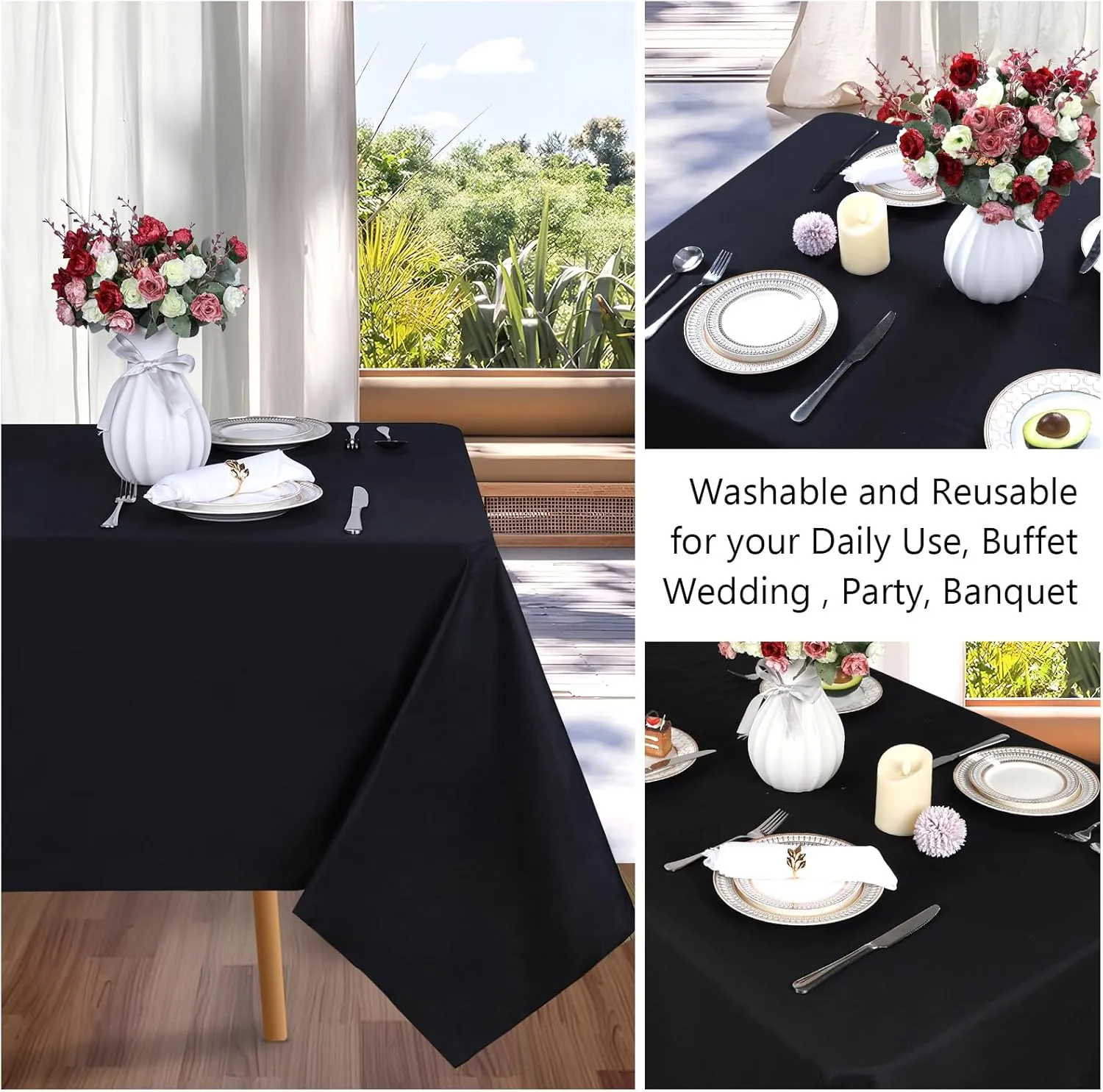 8 Packs Black Tablecloths 60x102 Inch Rectangular Table Cloths for 6 Foot Rectangle Tables, Wrinkle Resistant Washable Polyester Fabric Tablecloth for Dining Wedding Buffet Party Banquet