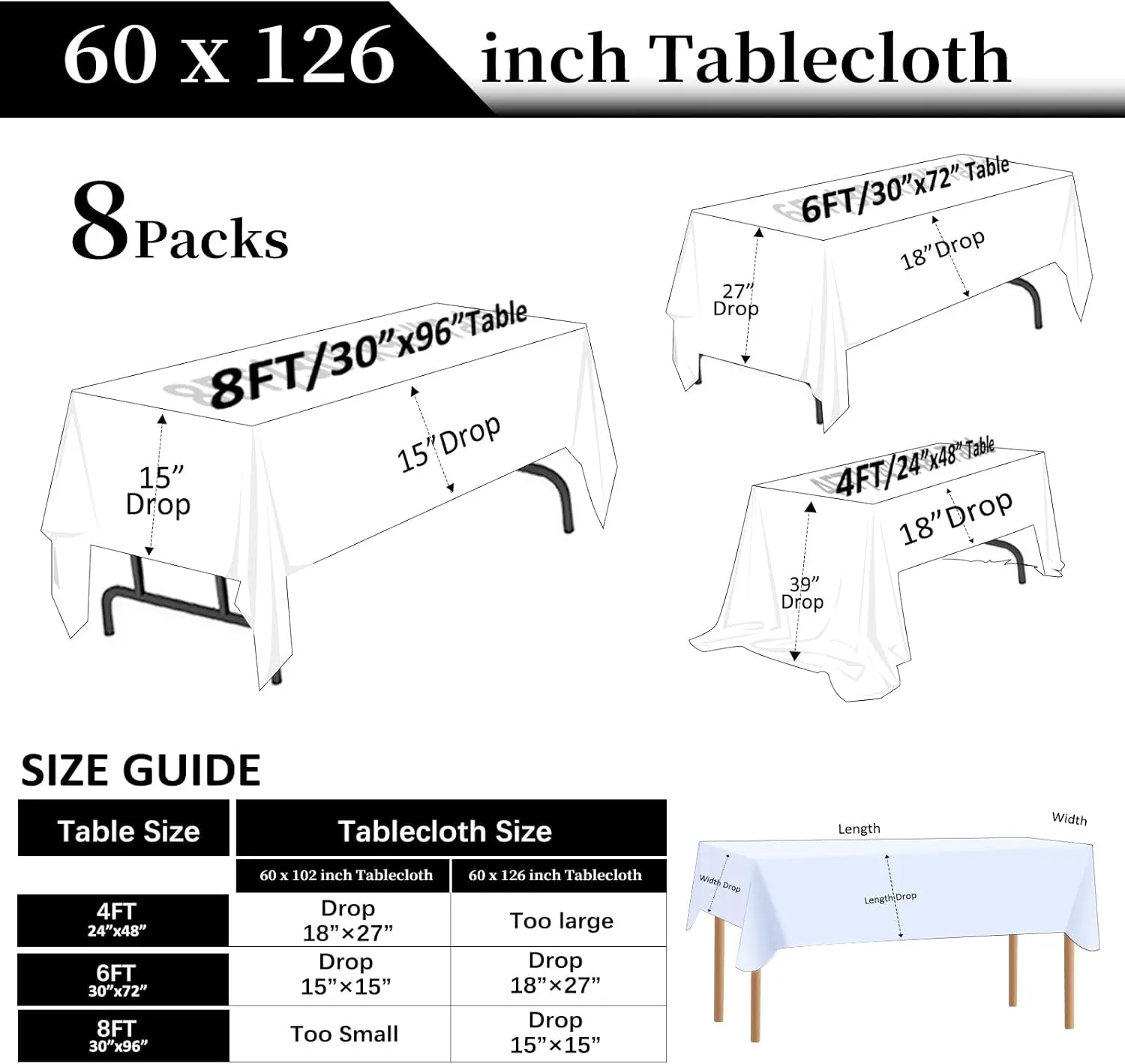 8 Packs Black Tablecloths 60x126 Inch Rectangular Table Cloths for 8 Foot Rectangle Tables, Wrinkle Resistant Washable Polyester Fabric Tablecloth for Dining Wedding Buffet Party Banquet