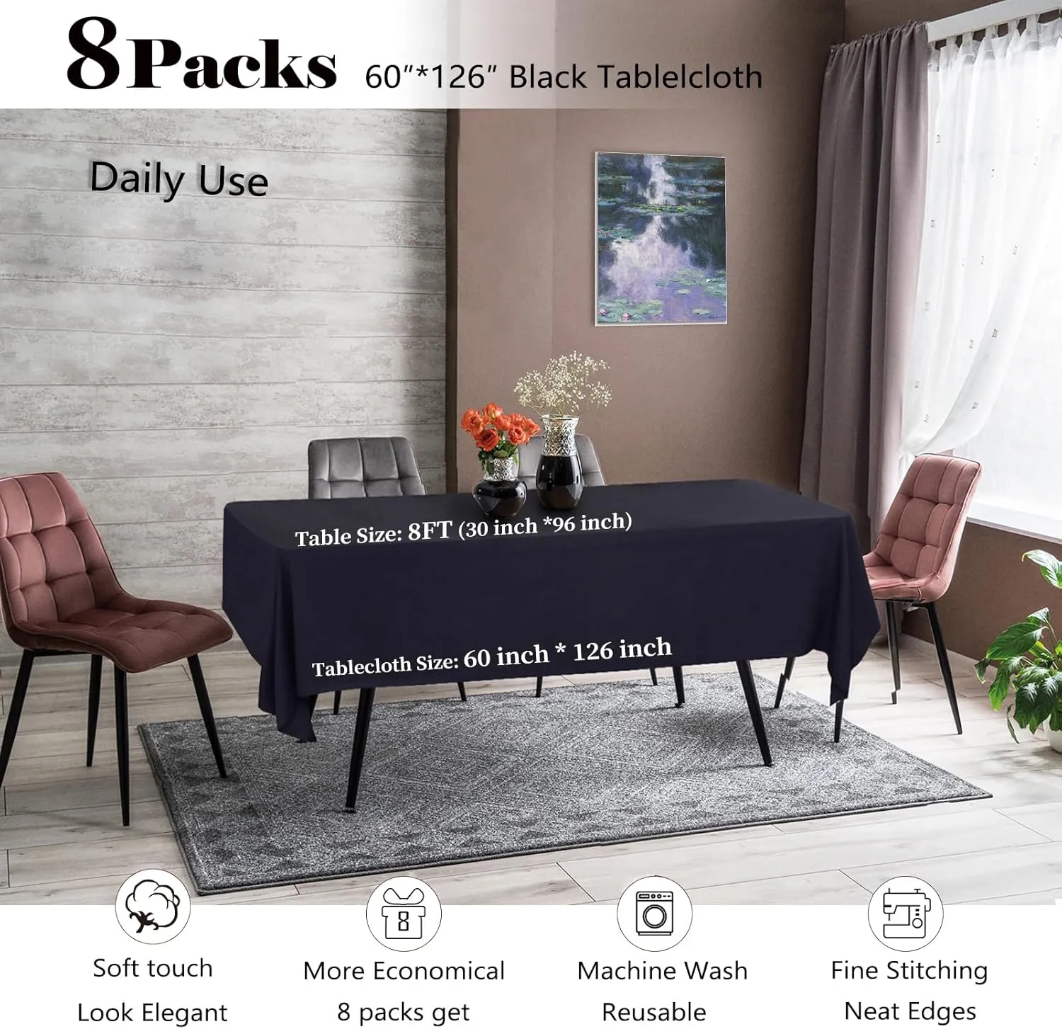 8 Packs Black Tablecloths 60x126 Inch Rectangular Table Cloths for 8 Foot Rectangle Tables, Wrinkle Resistant Washable Polyester Fabric Tablecloth for Dining Wedding Buffet Party Banquet