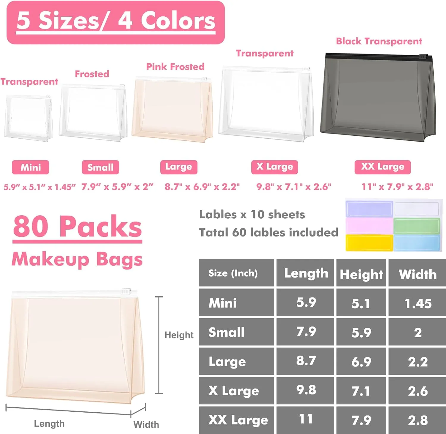 80 Pack Large Pink Clear Makeup Bag Bulk Organizer Cosmetic Zipper Pouch Small Travel Pouches for Toiletries Transparent EVA Reusable Wash Bags Waterproof Plastic Clear Gift Bags, Pink Frosted, 9.8”