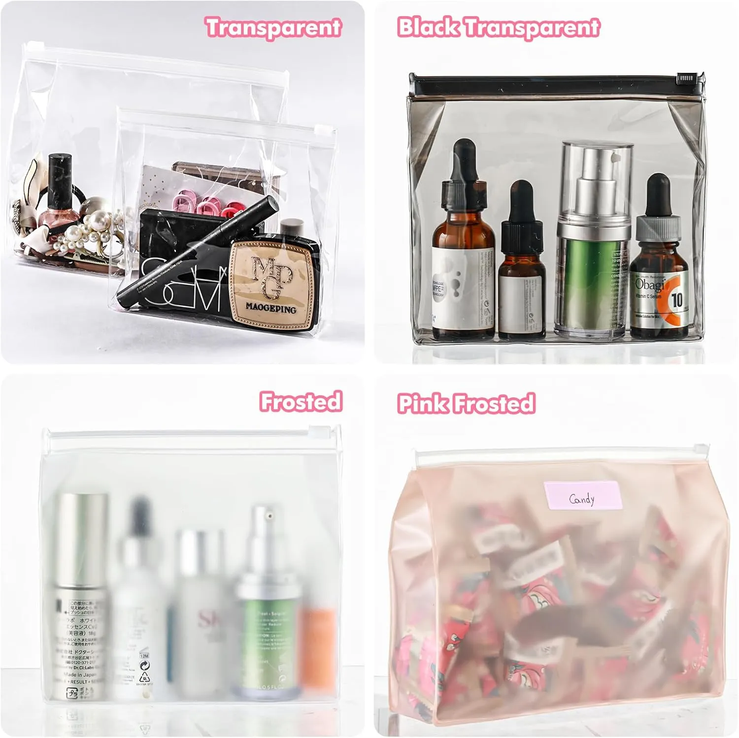 80 Pack Large Pink Clear Makeup Bag Bulk Organizer Cosmetic Zipper Pouch Small Travel Pouches for Toiletries Transparent EVA Reusable Wash Bags Waterproof Plastic Clear Gift Bags, Pink Frosted, 9.8”