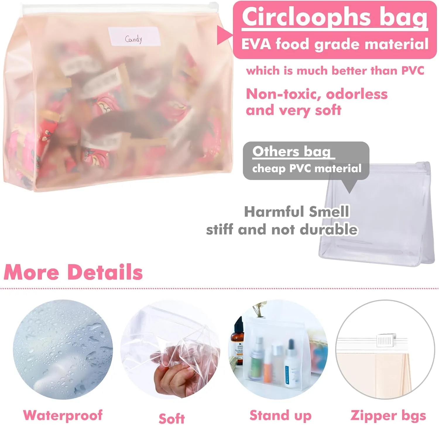 80 Pack Large Pink Clear Makeup Bag Bulk Organizer Cosmetic Zipper Pouch Small Travel Pouches for Toiletries Transparent EVA Reusable Wash Bags Waterproof Plastic Clear Gift Bags, Pink Frosted, 9.8”