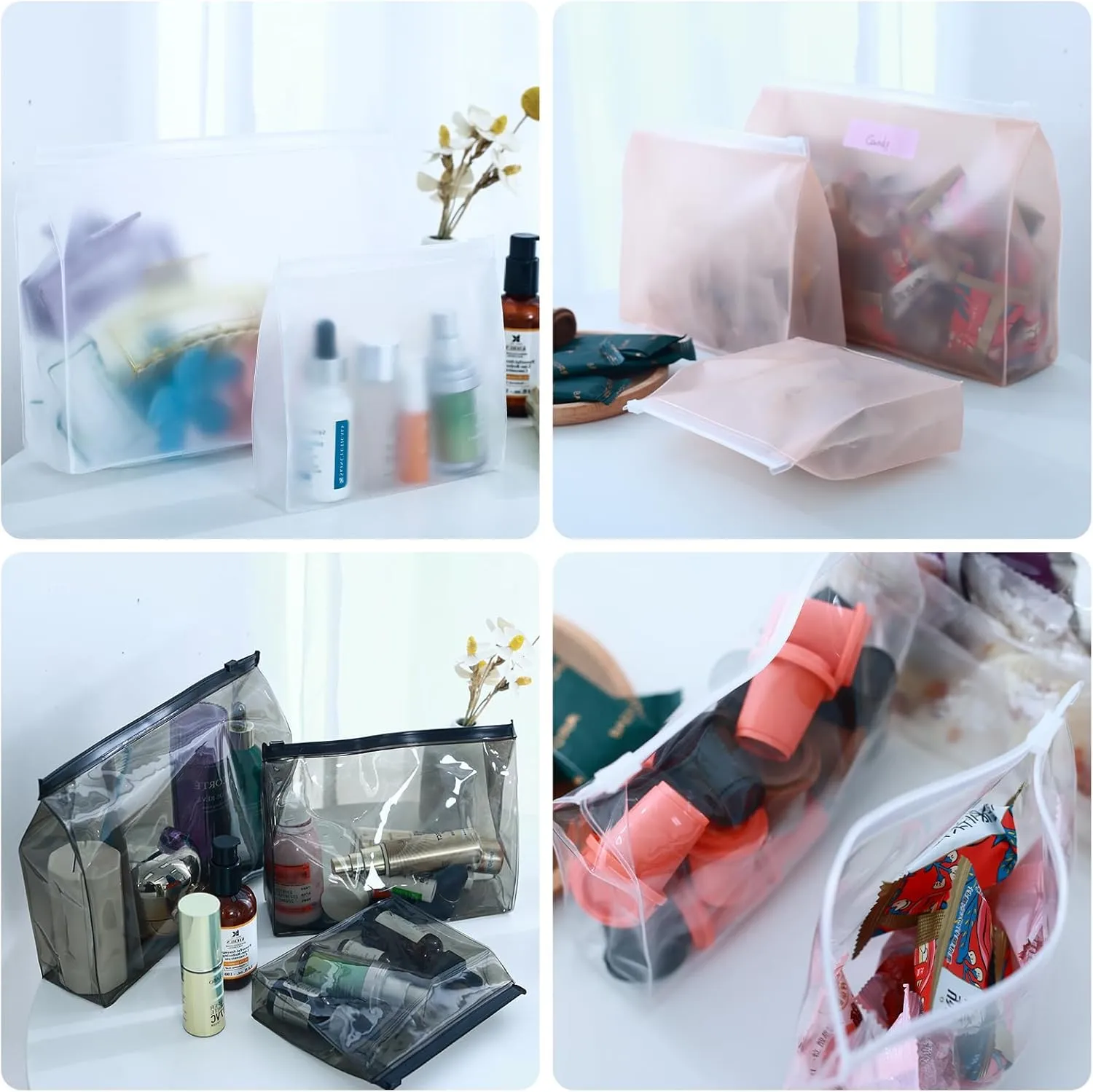 80 Pack Large Pink Clear Makeup Bag Bulk Organizer Cosmetic Zipper Pouch Small Travel Pouches for Toiletries Transparent EVA Reusable Wash Bags Waterproof Plastic Clear Gift Bags, Pink Frosted, 9.8”