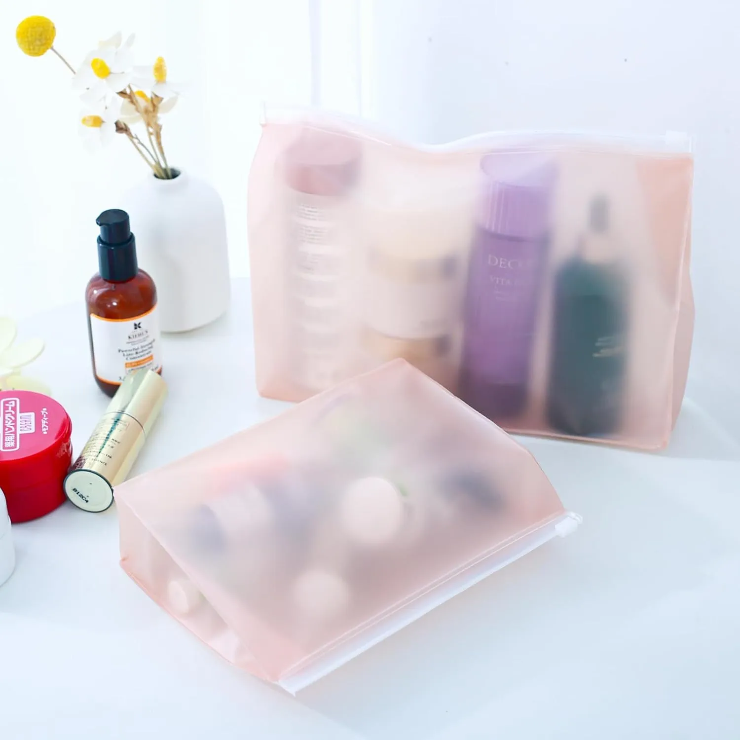 80 Pack Large Pink Clear Makeup Bag Bulk Organizer Cosmetic Zipper Pouch Small Travel Pouches for Toiletries Transparent EVA Reusable Wash Bags Waterproof Plastic Clear Gift Bags, Pink Frosted, 9.8”