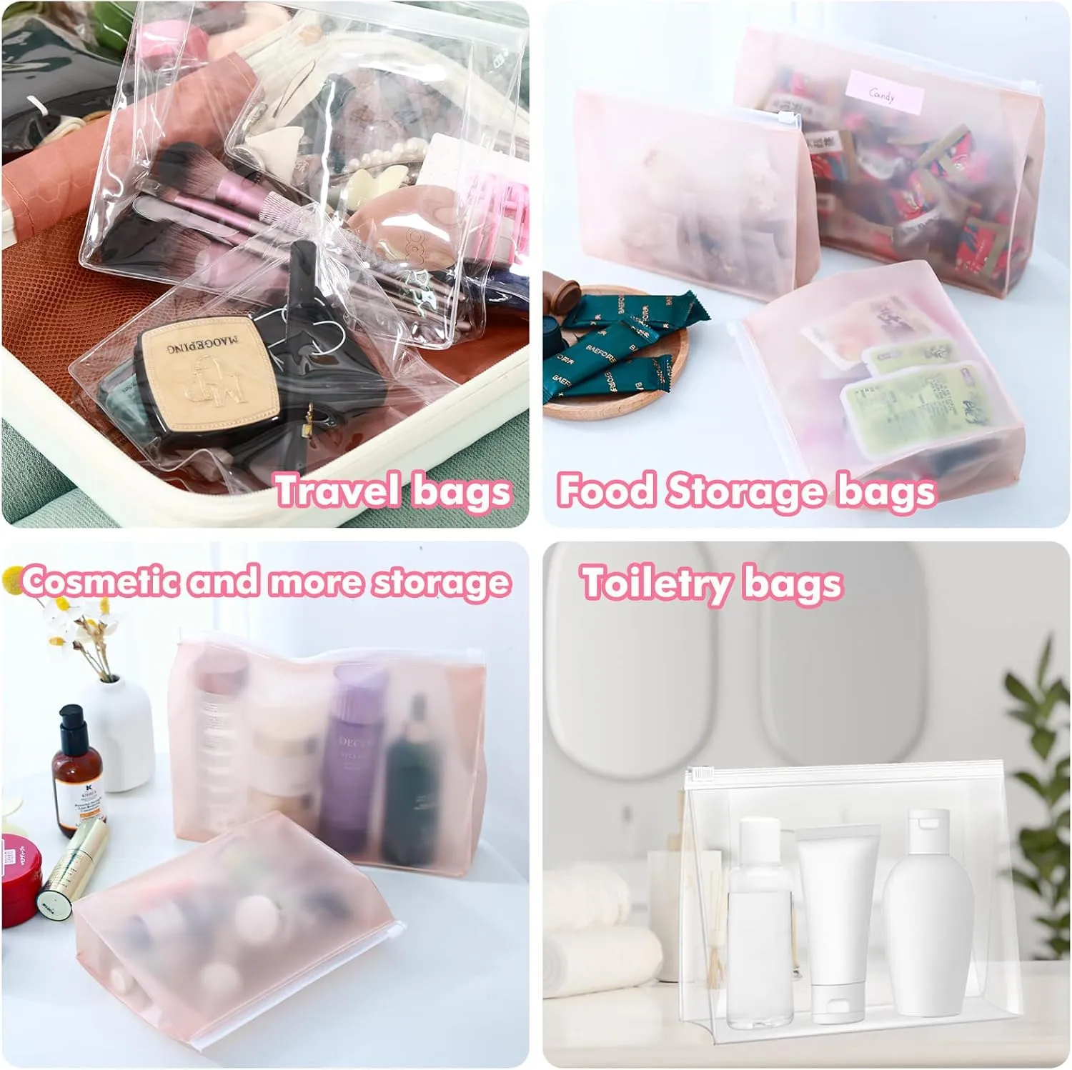 80 Pack Large Pink Clear Makeup Bag Bulk Organizer Cosmetic Zipper Pouch Small Travel Pouches for Toiletries Transparent EVA Reusable Wash Bags Waterproof Plastic Clear Gift Bags, Pink Frosted, 9.8”