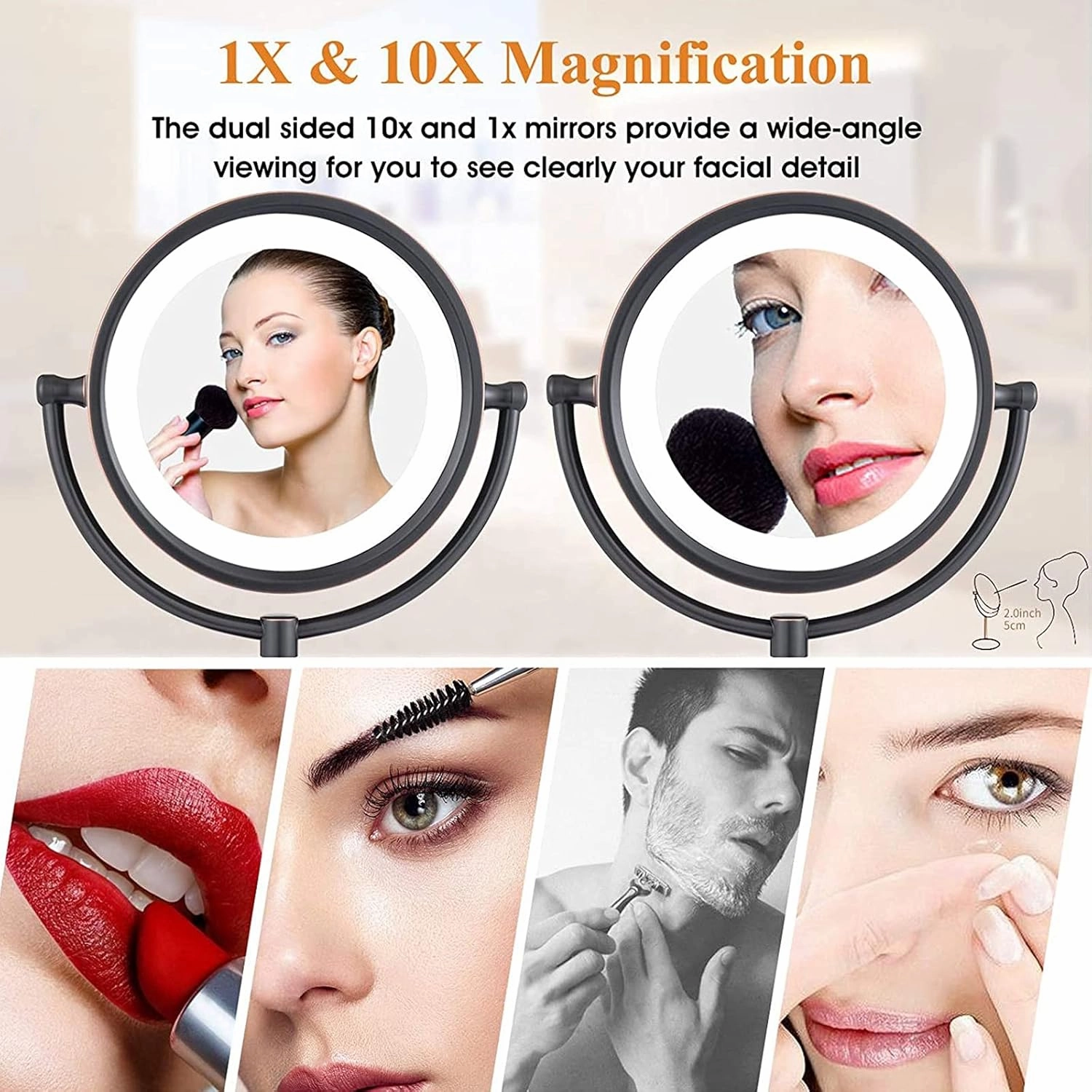 8.5 Inch Tabletop LED Lighted Makeup Mirror with Magnification, Oil Rubbed Black Double Sided Desk Vanity Mirror, Plug Powered,10x(10x)
