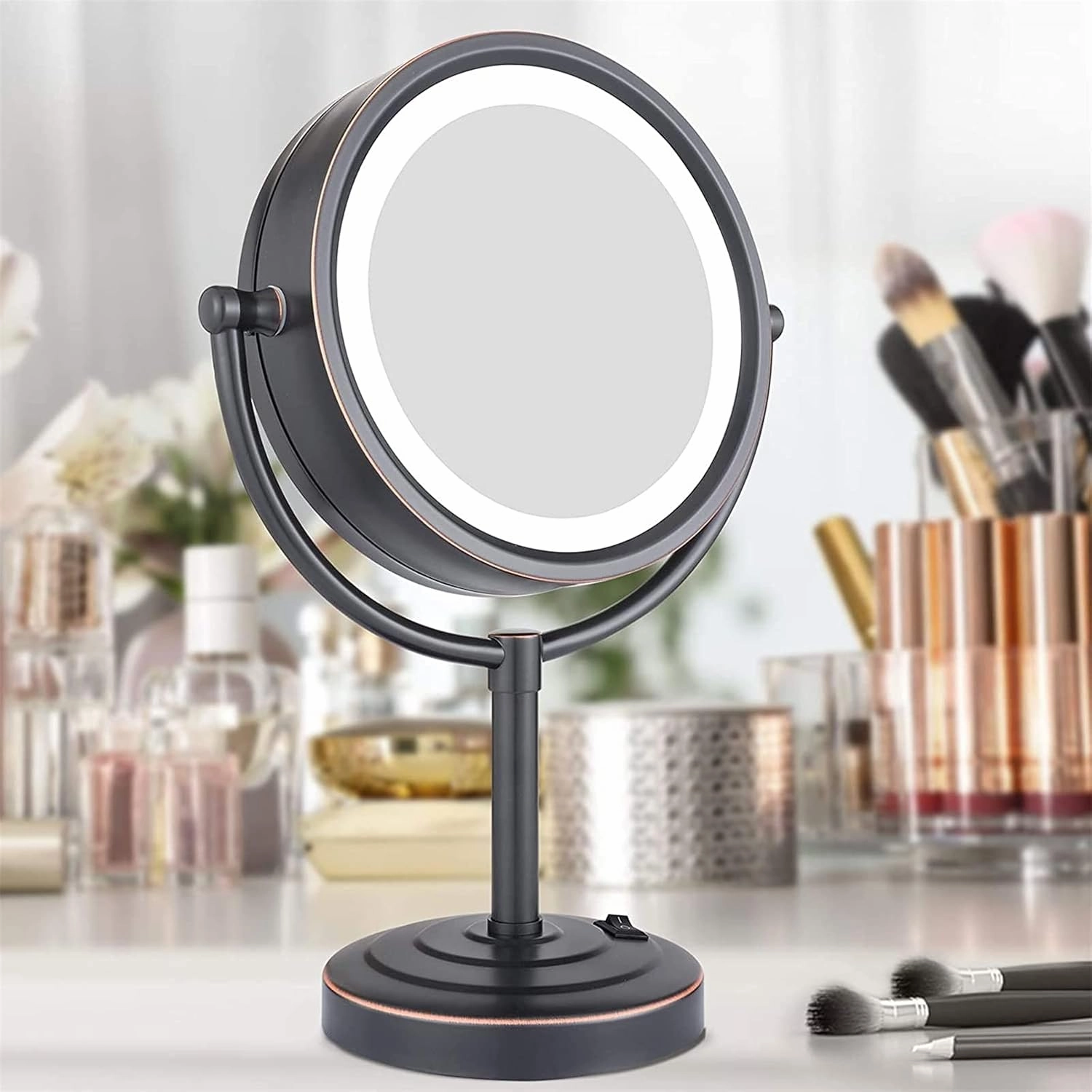 8.5 Inch Tabletop LED Lighted Makeup Mirror with Magnification, Oil Rubbed Black Double Sided Desk Vanity Mirror, Plug Powered,10x(10x)