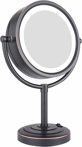 8.5 Inch Tabletop LED Lighted Makeup Mirror with Magnification, Oil Rubbed Black Double Sided Desk Vanity Mirror, Plug Powered,10x(10x)