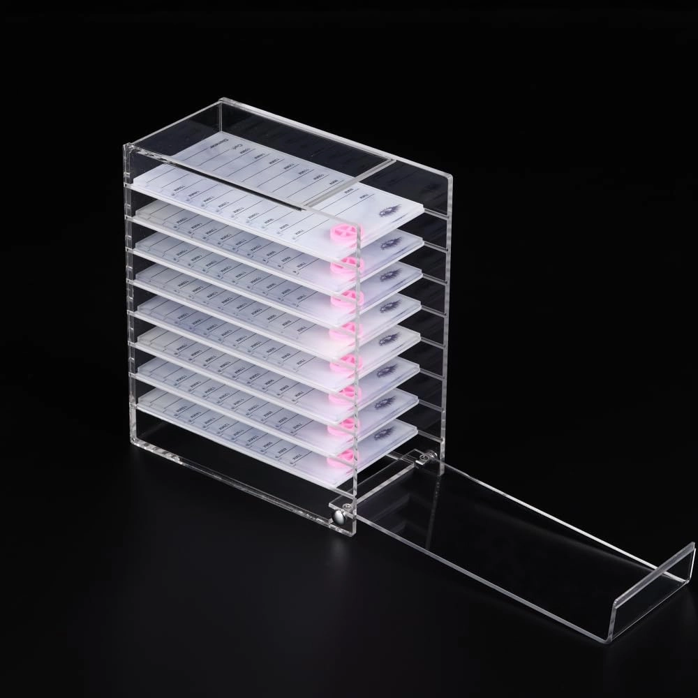 8 Layers Acrylic Eyelash Storage Organizer, Grafting False Eyelashes Display with 8 Pallets, Dustproof Cosmetic Beauty Extension Supplies (Marble White)