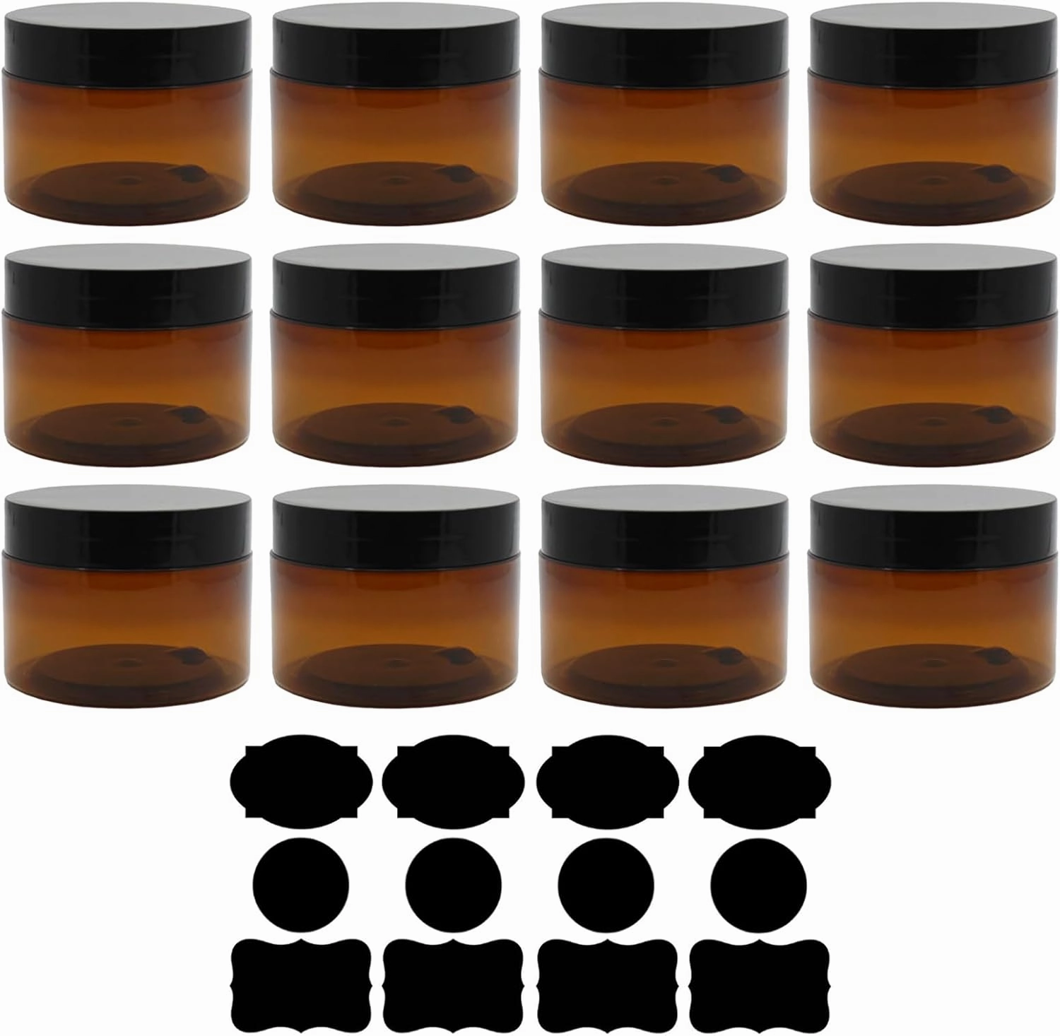 8 oz Plastic Jars with Lid and Label amber Cosmetic Container Leakproof for Cosmetic, Sugar Scrub, Body Butters, Powder, Creams and Lotion, 12Pack