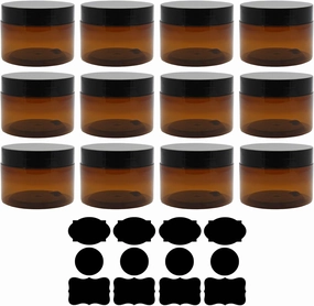 8 oz Plastic Jars with Lid and Label amber Cosmetic Container Leakproof for Cosmetic, Sugar Scrub, Body Butters, Powder, Creams and Lotion, 12Pack