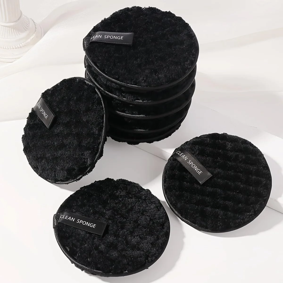 8pcs Reusable Cotton Rounds Makeup Remover Set – Double-Sided Face Cleansing Sponge Pads – Soft Washable Puff for Facial Skincare (Black)