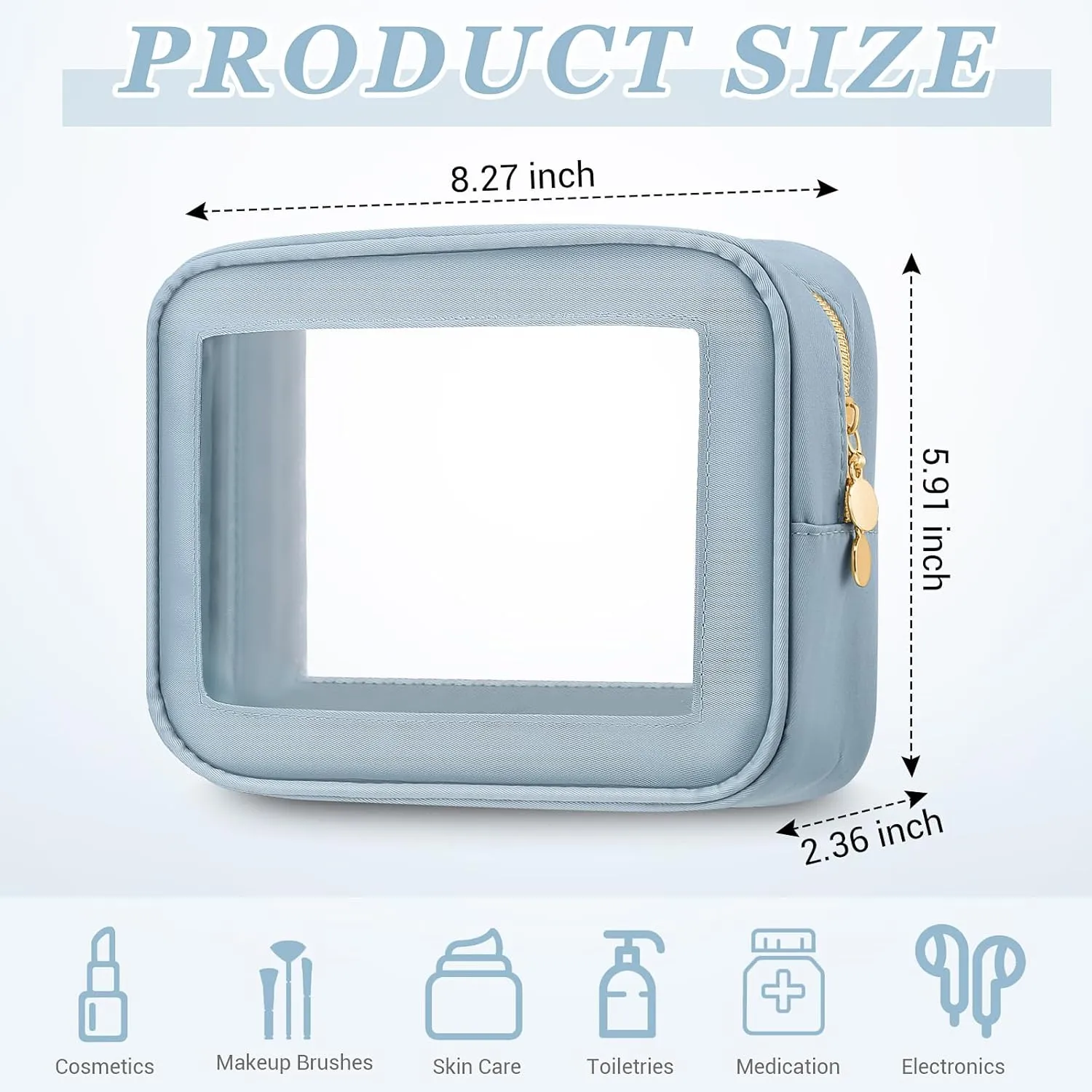Abbylike 3 Pcs Clear Makeup Bags Travel Cosmetic Organizer Case Nylon Toiletry Bag with Zipper PVC Transparent Makeup Pouch Portable Storage Car Essentials for Women Gifts(Haze Blue)