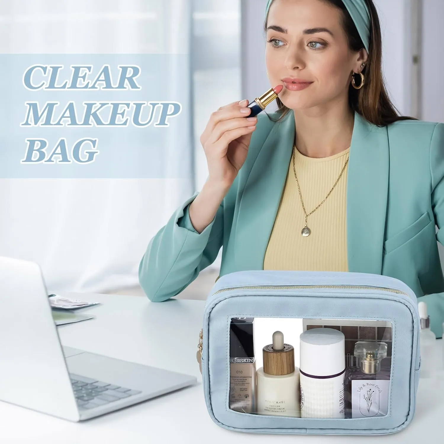Abbylike 3 Pcs Clear Makeup Bags Travel Cosmetic Organizer Case Nylon Toiletry Bag with Zipper PVC Transparent Makeup Pouch Portable Storage Car Essentials for Women Gifts(Haze Blue)
