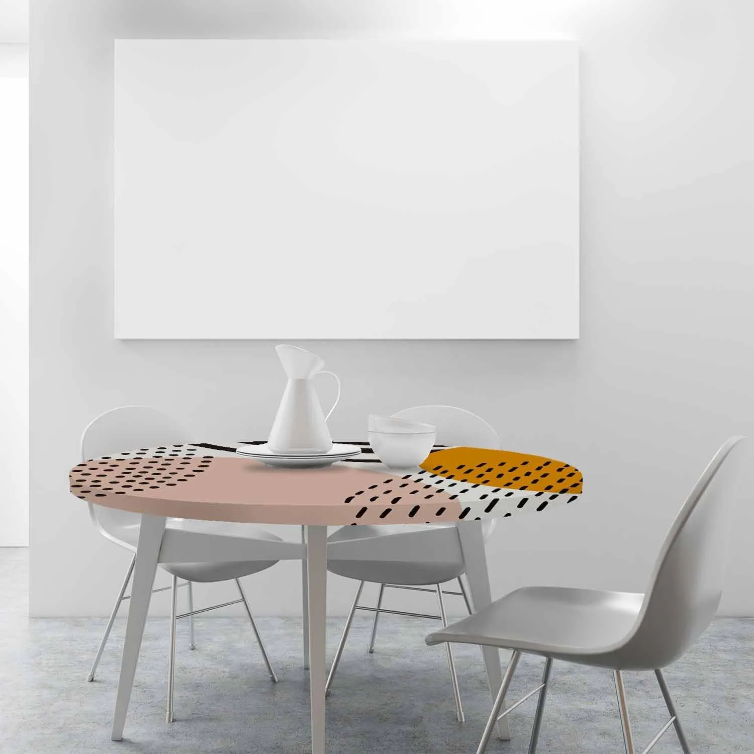 Abstract Shapes Round Table Cloth Mid Century Inspired Art Organic Shapes Trendy Elastic Edged Table Cover Fade And Stain Resistant Table Cloths Easy To Clean Fits Tables 40-44" Diameter