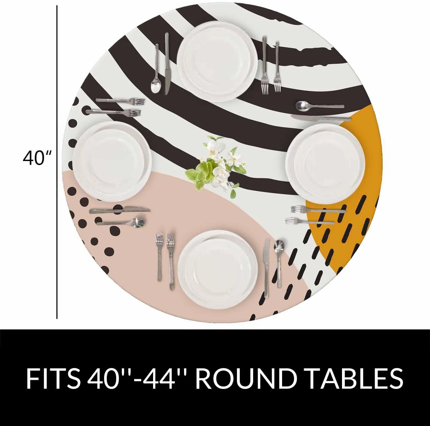 Abstract Shapes Round Table Cloth Mid Century Inspired Art Organic Shapes Trendy Elastic Edged Table Cover Fade And Stain Resistant Table Cloths Easy To Clean Fits Tables 40-44" Diameter