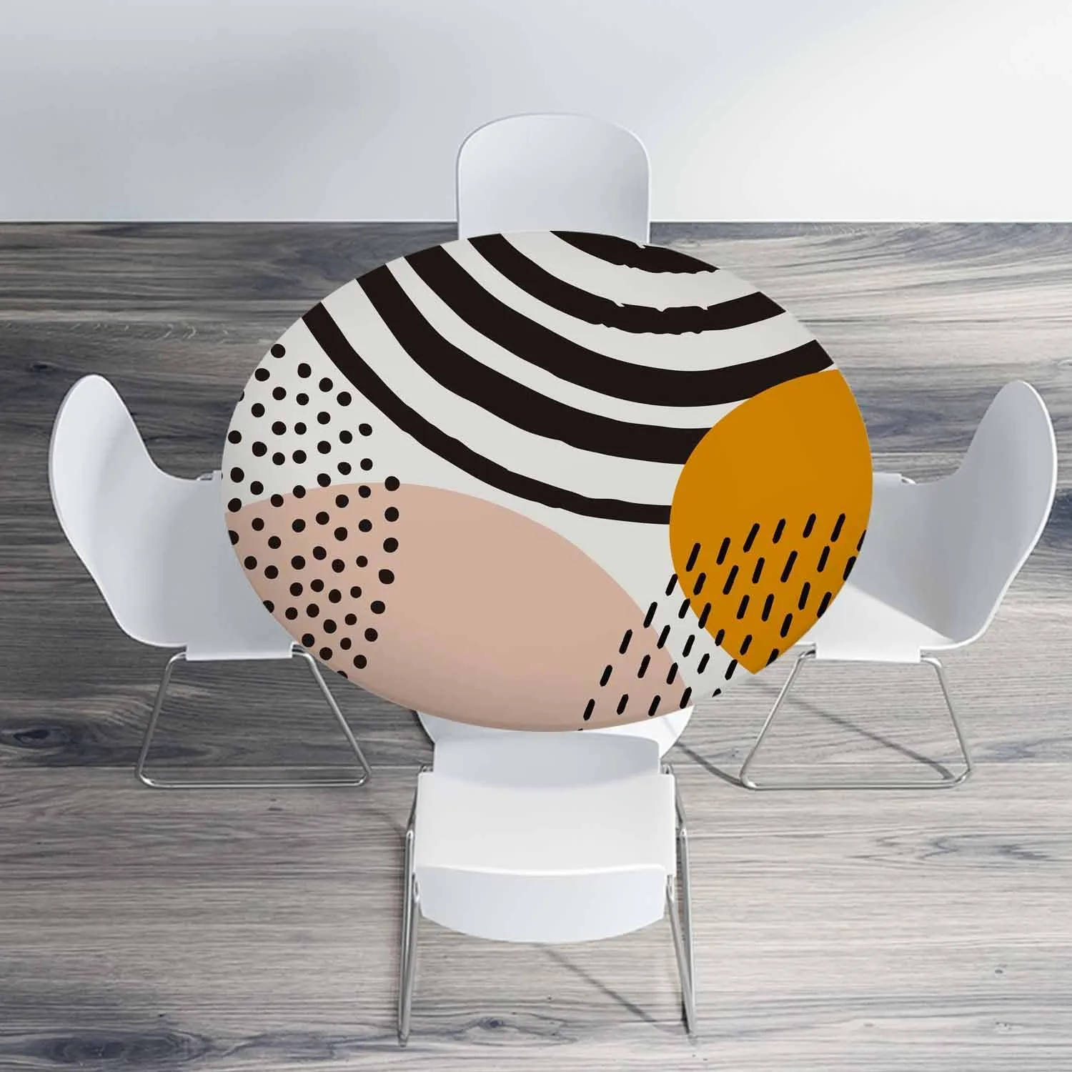 Abstract Shapes Round Table Cloth Mid Century Inspired Art Organic Shapes Trendy Elastic Edged Table Cover Fade And Stain Resistant Table Cloths Easy To Clean Fits Tables 40-44" Diameter