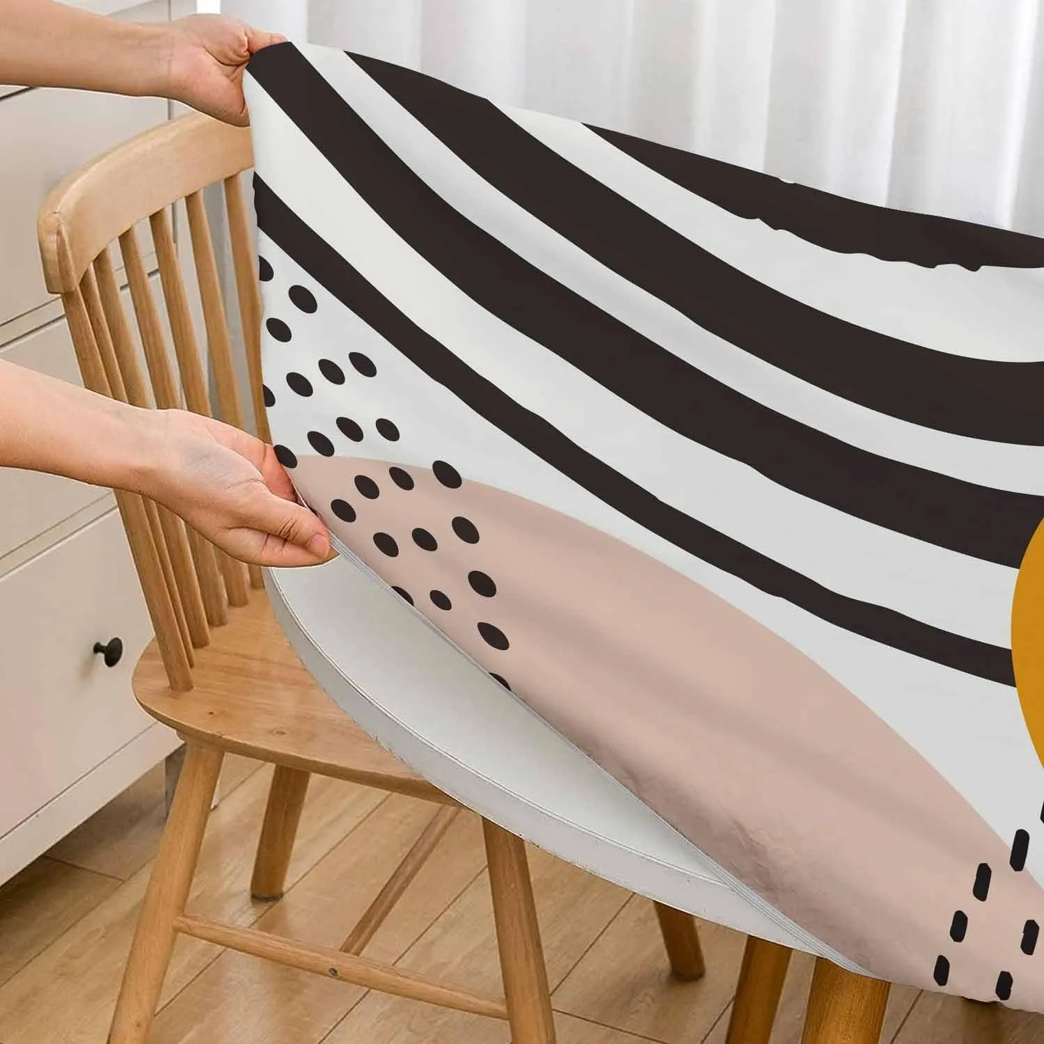 Abstract Shapes Round Table Cloth Mid Century Inspired Art Organic Shapes Trendy Elastic Edged Table Cover Fade And Stain Resistant Table Cloths Easy To Clean Fits Tables 40-44" Diameter