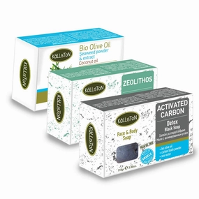 Activated Carbon, Seaweed and Coconut Massage Therapy Soap, Organic Olive Oil Face & Body Soaps, All Natural Soaps, Made in Ancient Crete, Greece, 110g Each, Pack of 3