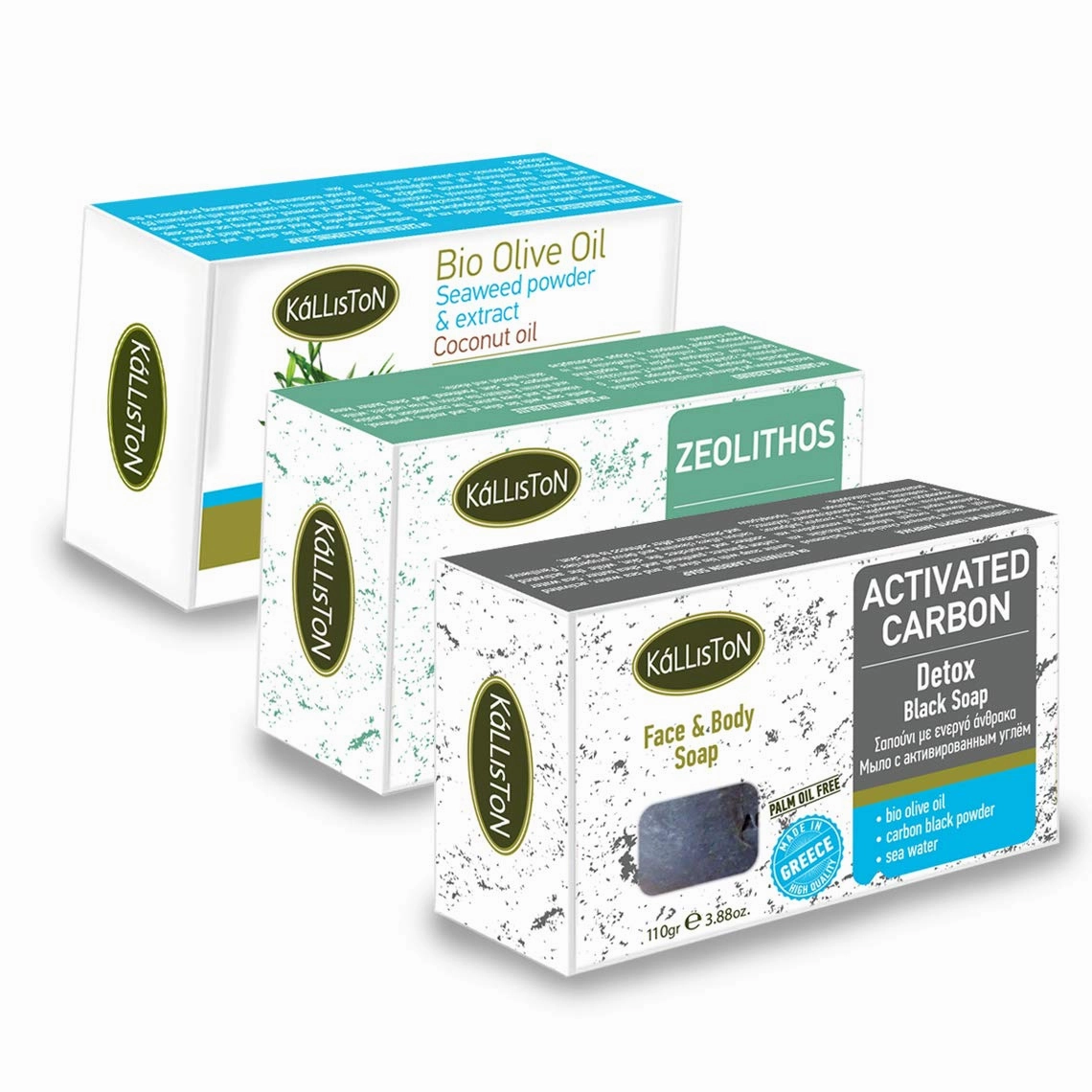 Activated Carbon, Seaweed and Coconut Massage Therapy Soap, Organic Olive Oil Face & Body Soaps, All Natural Soaps, Made in Ancient Crete, Greece, 110g Each, Pack of 3