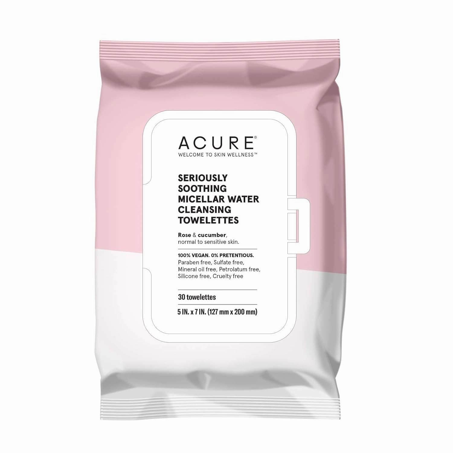 ACURE Seriously Soothing Micellar Water Towelettes | 100% Vegan | For Dry to Sensitive Skin | Rose & Cucumber - Gently Removes Makeup and Cleanses | Simply Wipe & Go | 1 Pack