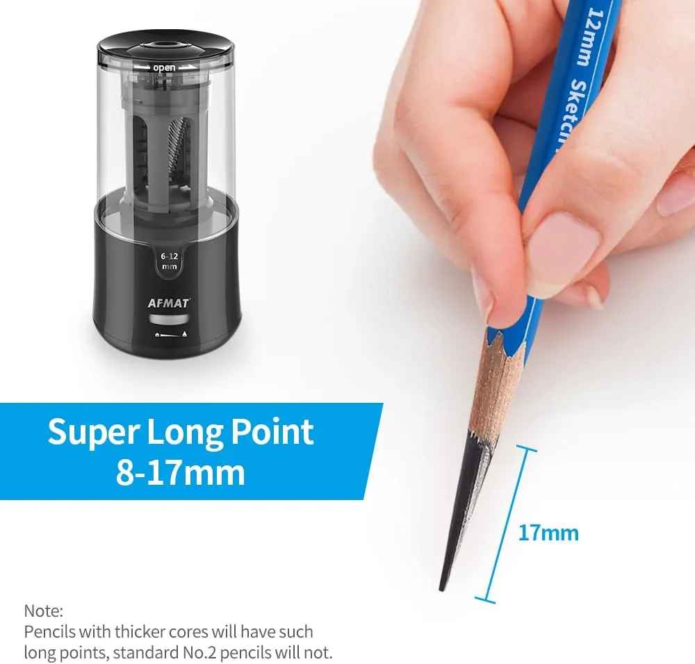 AFMAT Electric Long Point Pencil Sharpener for Artist, Fast Sharpen & Auto Stop, 8-17mm Super Long Point, Professional Artist Pencil Sharpener Plug in for φ6-12mm Charcoal/Drawing/Colored Pencils