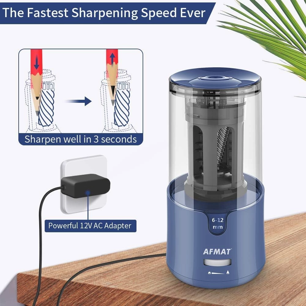 AFMAT Pencil Sharpener, Electric Pencil Sharpener for Colored Pencils, Auto Stop, Fast Sharpen in 3s, Large Hole Pencil Sharpeners Plug in for 6-12mm No.2/Jumbo Pencils-Blue