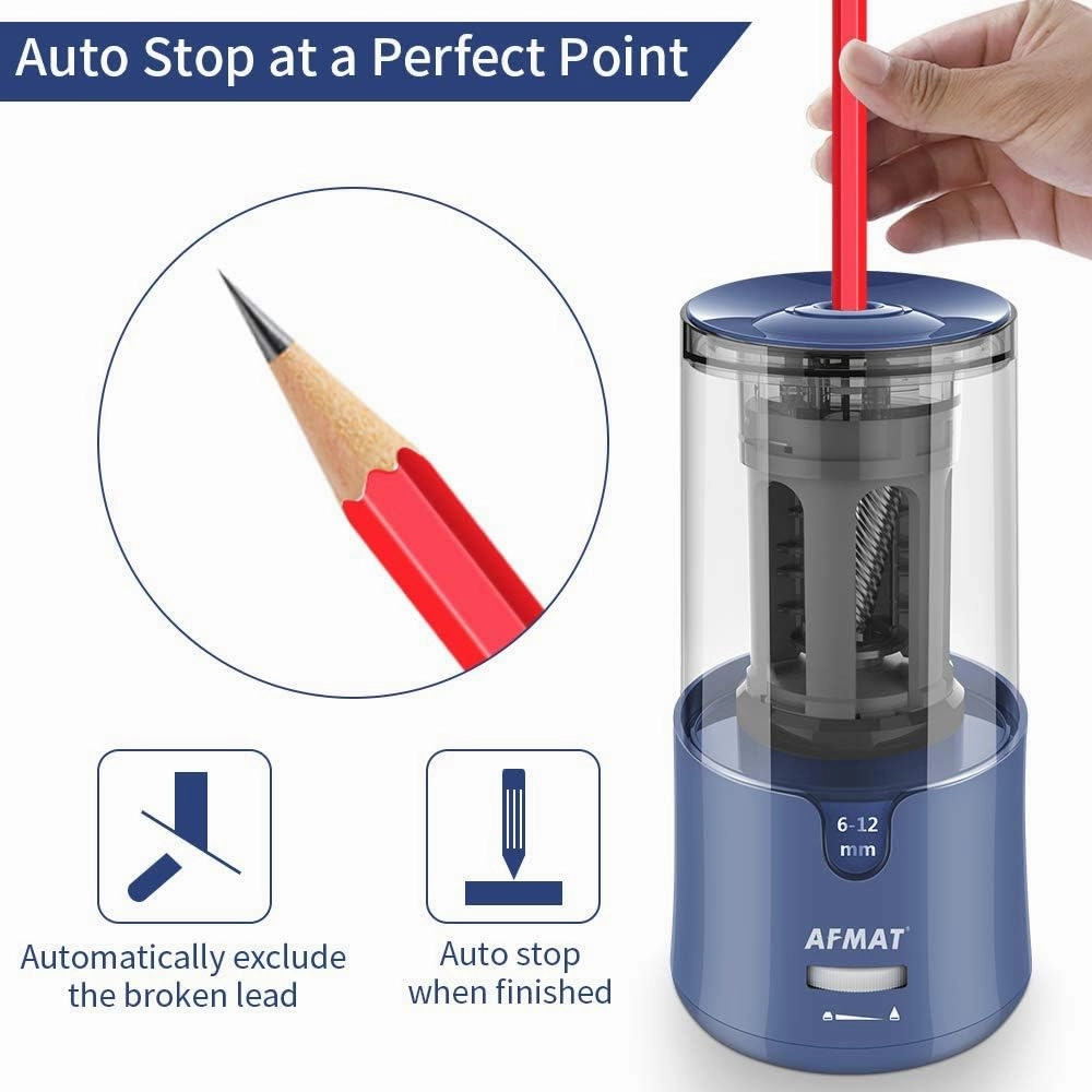 AFMAT Pencil Sharpener, Electric Pencil Sharpener for Colored Pencils, Auto Stop, Fast Sharpen in 3s, Large Hole Pencil Sharpeners Plug in for 6-12mm No.2/Jumbo Pencils-Blue