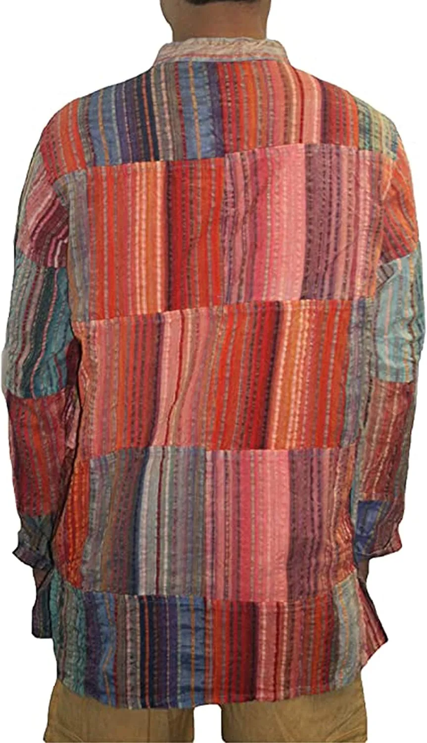 Agan Traders Unisex Henley Light Weight Cotton Multi-Colored Patchwork Crinkle Tunic Mandarin Style Summer Shirt Nepal