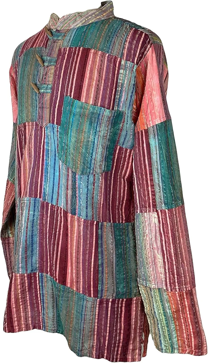 Agan Traders Unisex Henley Light Weight Cotton Multi-Colored Patchwork Crinkle Tunic Mandarin Style Summer Shirt Nepal