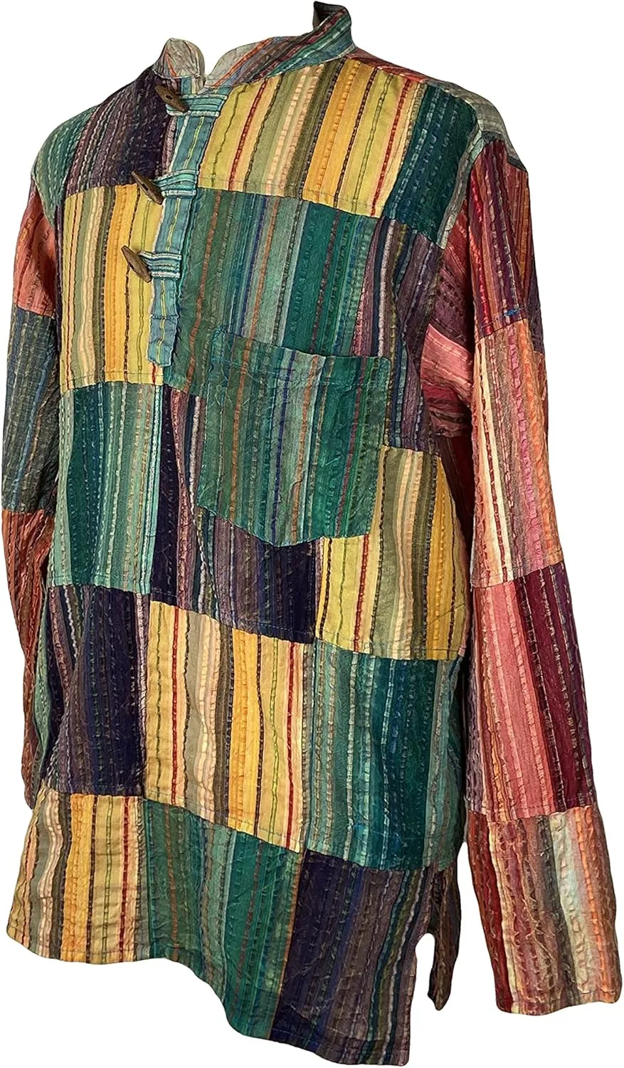 Agan Traders Unisex Henley Light Weight Cotton Multi-Colored Patchwork Crinkle Tunic Mandarin Style Summer Shirt Nepal