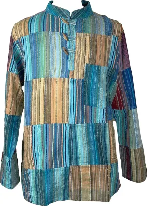 Agan Traders Unisex Henley Light Weight Cotton Multi-Colored Patchwork Crinkle Tunic Mandarin Style Summer Shirt Nepal