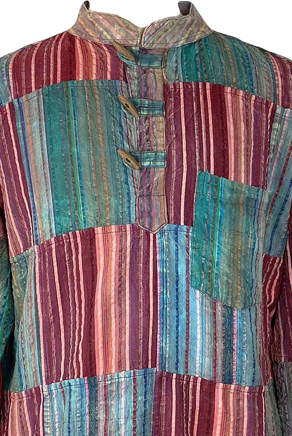 Agan Traders Unisex Henley Light Weight Cotton Multi-Colored Patchwork Crinkle Tunic Mandarin Style Summer Shirt Nepal
