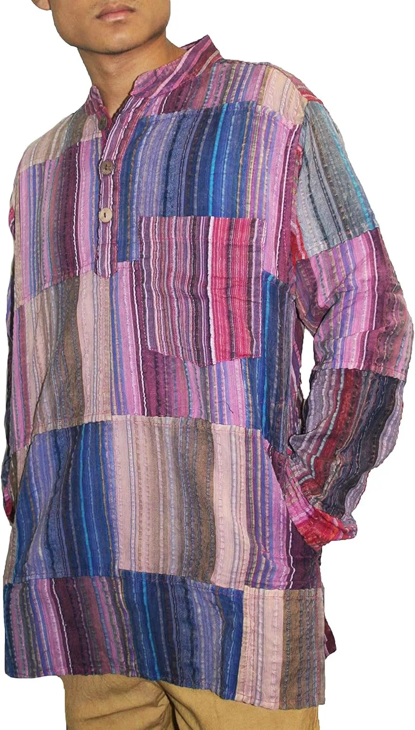 Agan Traders Unisex Henley Light Weight Cotton Multi-Colored Patchwork Crinkle Tunic Mandarin Style Summer Shirt Nepal