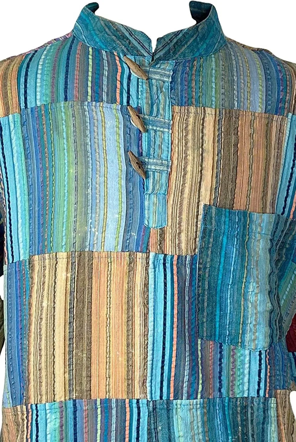 Agan Traders Unisex Henley Light Weight Cotton Multi-Colored Patchwork Crinkle Tunic Mandarin Style Summer Shirt Nepal