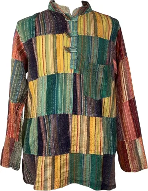 Agan Traders Unisex Henley Light Weight Cotton Multi-Colored Patchwork Crinkle Tunic Mandarin Style Summer Shirt Nepal
