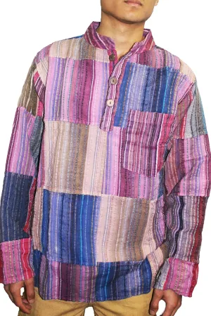 Agan Traders Unisex Henley Light Weight Cotton Multi-Colored Patchwork Crinkle Tunic Mandarin Style Summer Shirt Nepal