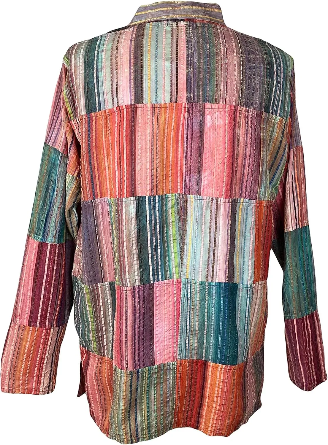 Agan Traders Unisex Henley Light Weight Cotton Multi-Colored Patchwork Crinkle Tunic Mandarin Style Summer Shirt Nepal