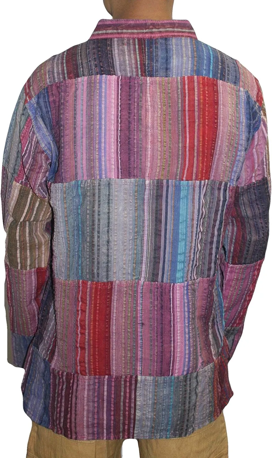Agan Traders Unisex Henley Light Weight Cotton Multi-Colored Patchwork Crinkle Tunic Mandarin Style Summer Shirt Nepal