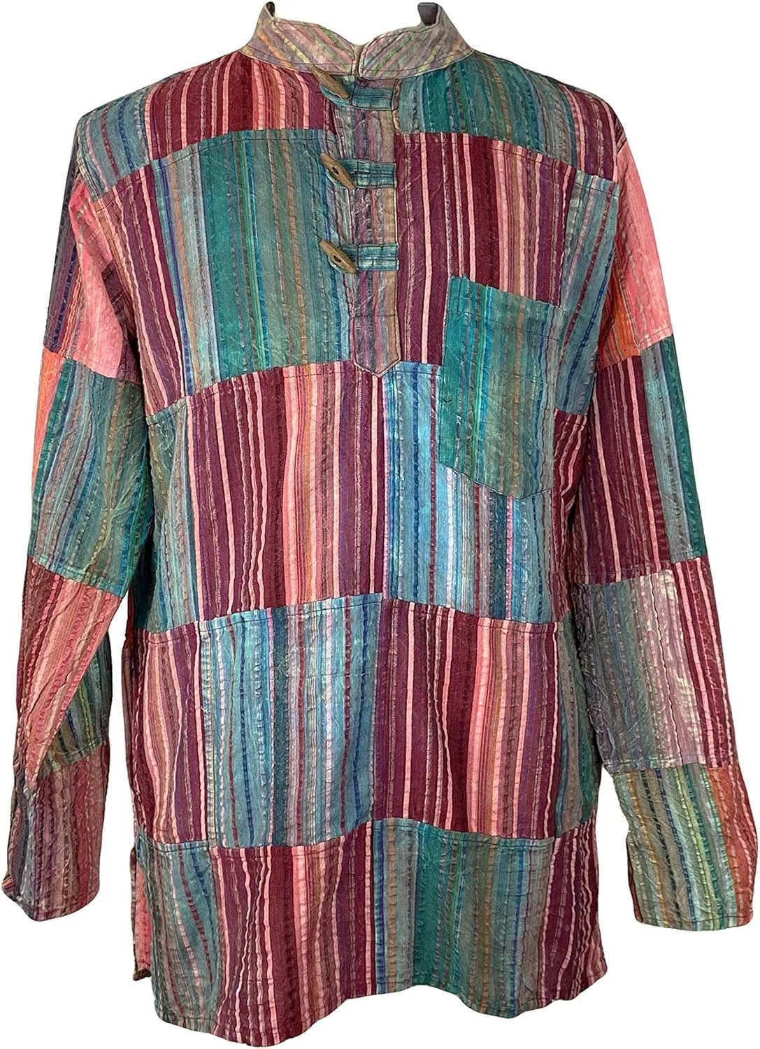Agan Traders Unisex Henley Light Weight Cotton Multi-Colored Patchwork Crinkle Tunic Mandarin Style Summer Shirt Nepal