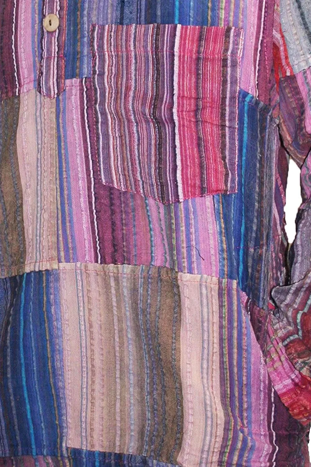 Agan Traders Unisex Henley Light Weight Cotton Multi-Colored Patchwork Crinkle Tunic Mandarin Style Summer Shirt Nepal