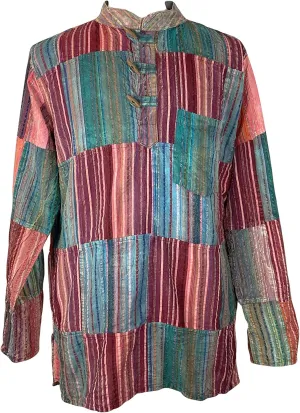 Agan Traders Unisex Henley Light Weight Cotton Multi-Colored Patchwork Crinkle Tunic Mandarin Style Summer Shirt Nepal