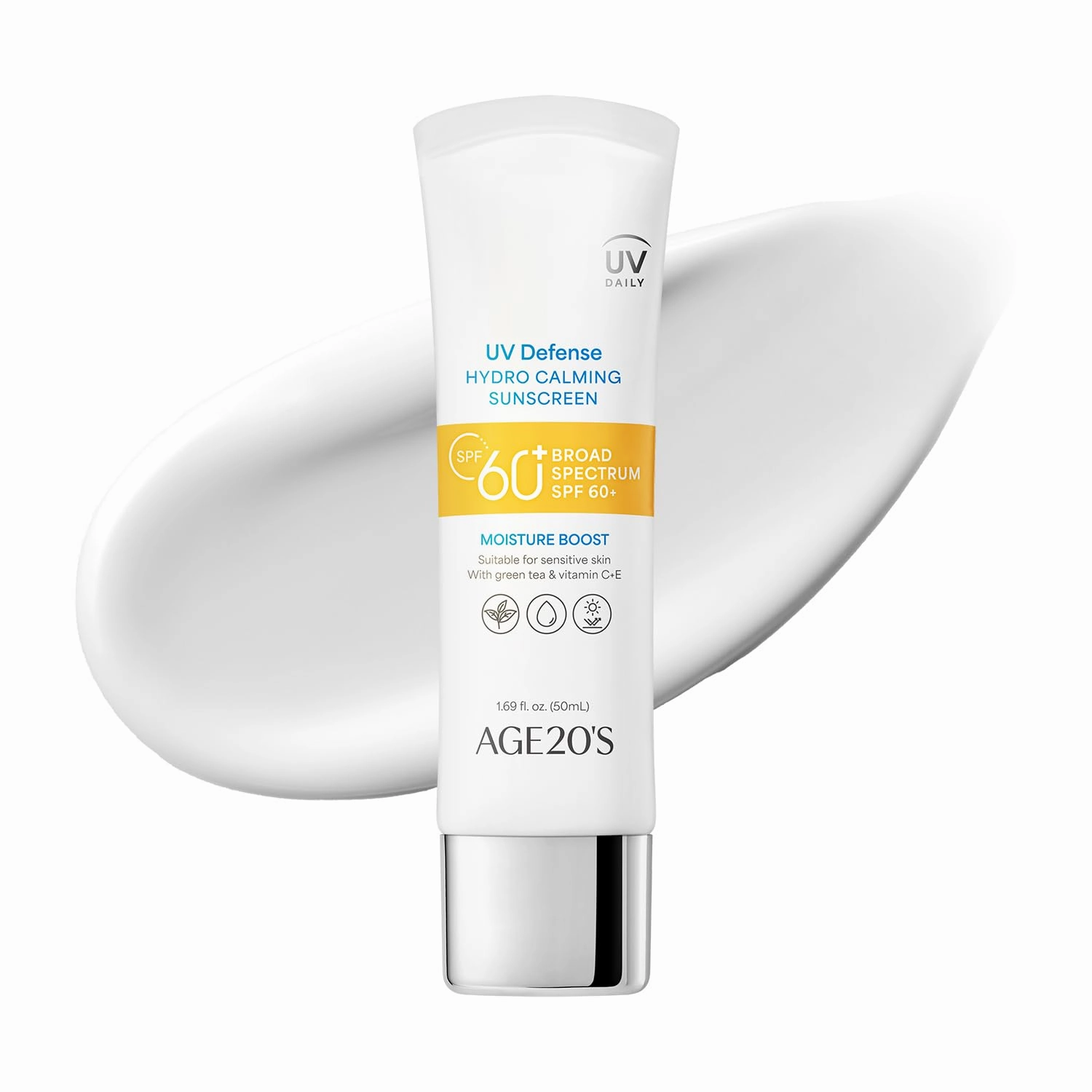 AGE20'S UV Defense Hydro Calming Sunscreen SPF 60  | Korean Sunscreen | Moisturizing Creamy Formula, No White Cast, Lightweight Finish | Green Tea   Aloe Vera | Dermatest Excellent | 1.69 fl.oz*1