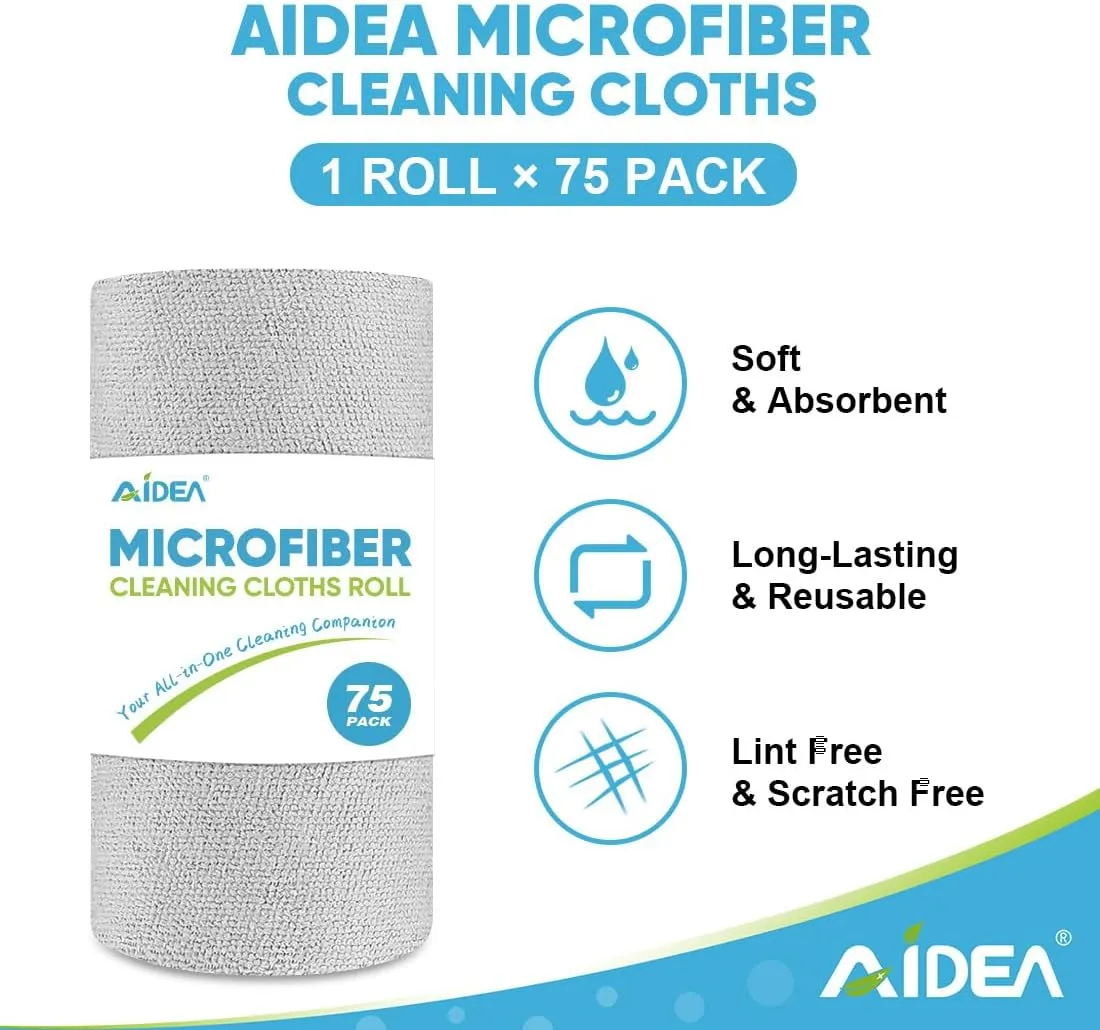 AIDEA Microfiber Cleaning Cloth Roll, 75PK, Reusable Paper Towels Grey Tear Away Cloth, Microfiber Towels for Cars, Washable Shop Rags, Lint Free Cleaning Rags for House, Kitchen, Window, 11.5"×11.5"